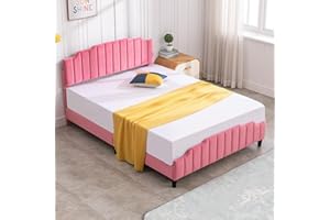 PUREMIND Kids Twin Size Bed Frame with Headboard and Footboard, Children Bedroom Bed Frame, Upholstered Bed Platform with Slat Support, No Box Spring Needed, Pink Bed Frame for Girls-Princess Twin