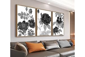 LINGLINGDOG Large Framed Canvas Wall Art - Natural Float Framed Black Gray Flowers Pictures Decor Simple Blossom Leaves Botanical Artwork for Living Room Bedroom Kitchen Home Office Decoration 72" X 36" Set of 3