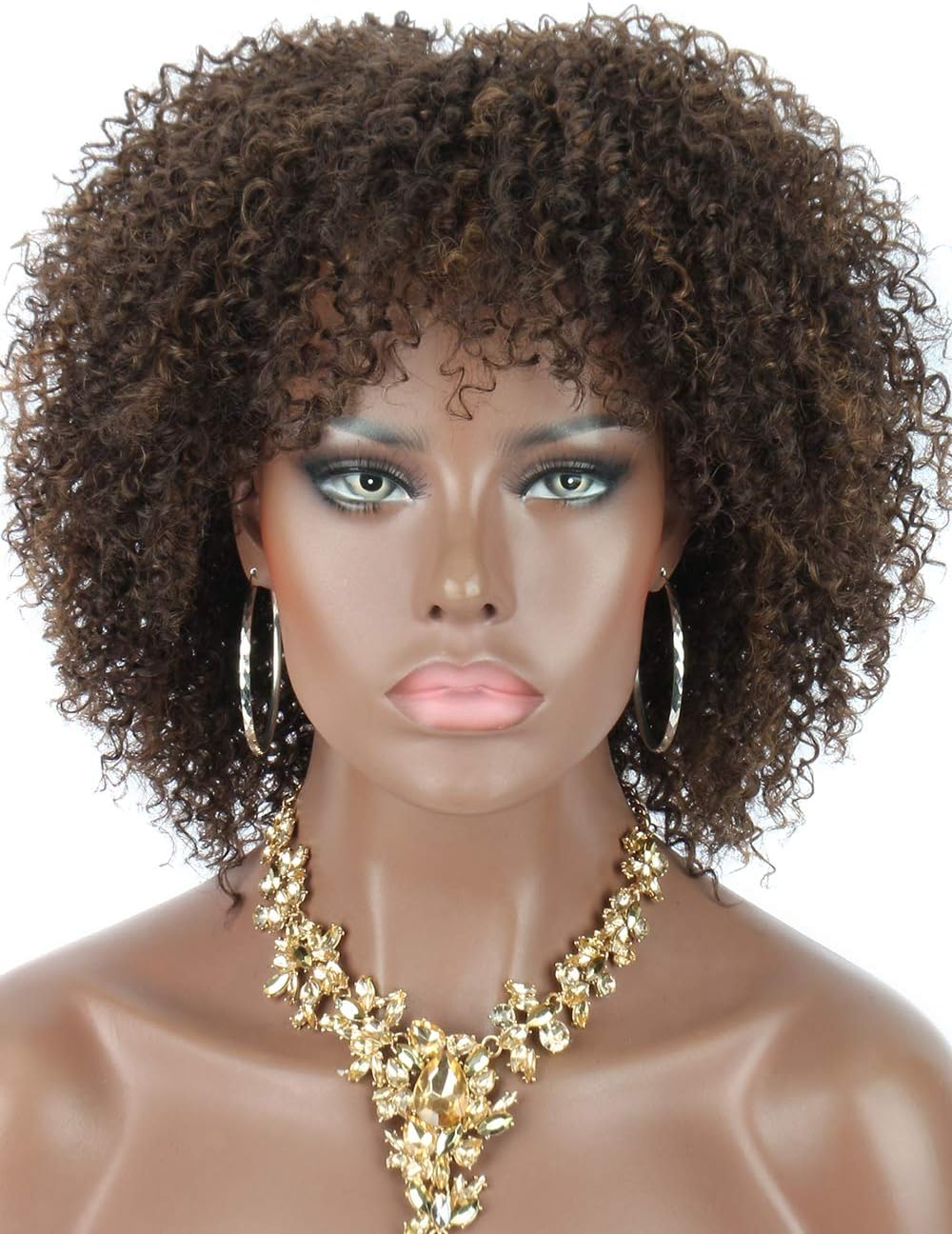 Kalyss 8" Synthetic Short Afro Kinky Curly Wigs for Women Realistic Brown Highlights Curly Wigs with Hair Bangs Lightweight Soft Bouncy Curls Hair Wigs