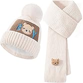 2Pcs Kids Winter Hat Scarf Set, Toddler Boys Winter Hats Beanie with Pom, Cute Children Neck Warmer Scarfs with Bear, Knitted Warm Fleece Lining Cap Scarfs Set for 5-12 Years Old Boys Girls, White
