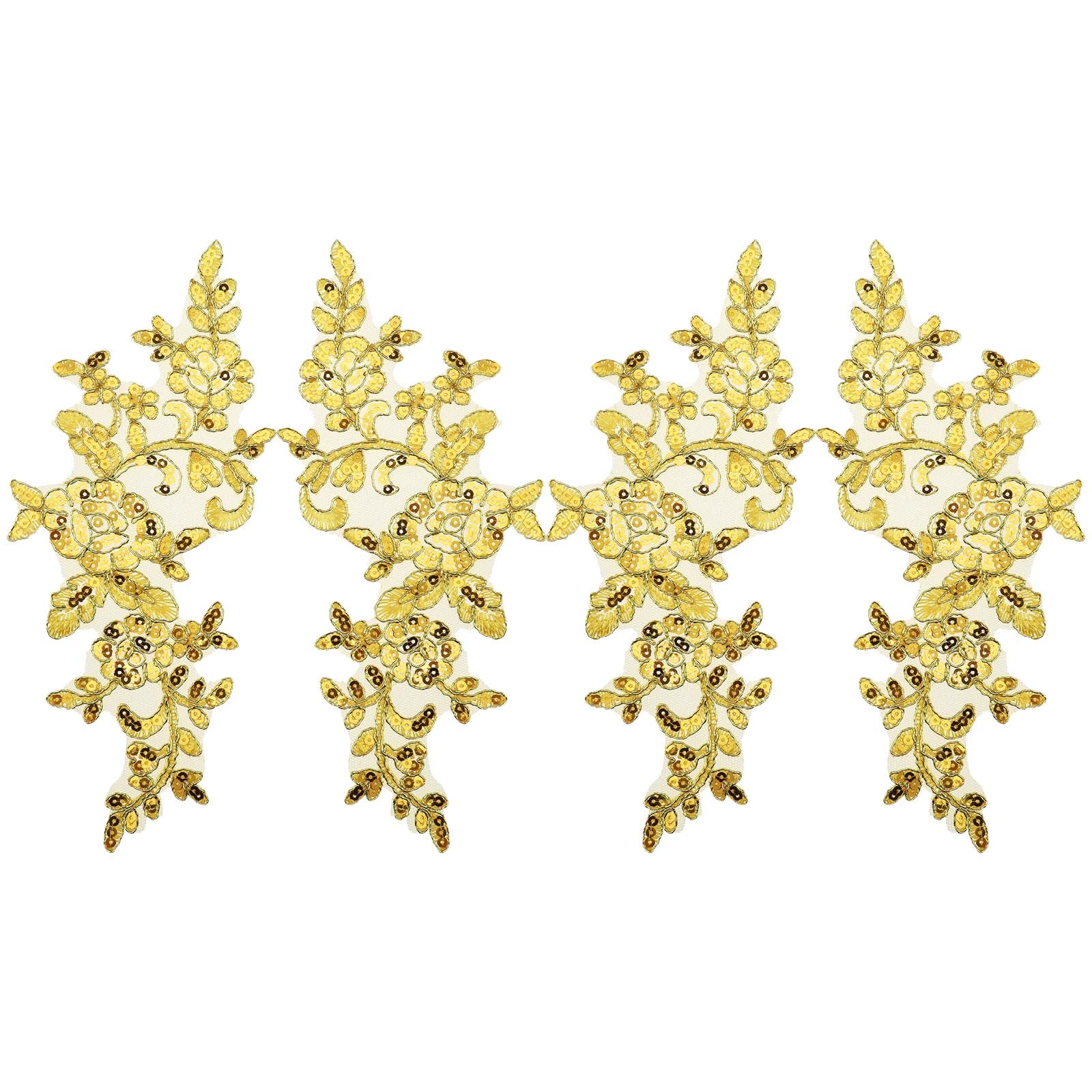 OTOTEC 2 Pairs Embroidery Sequin Lace Appliques Mirror Pair Sew On Flower Fabric Collar Patch for Motif Wedding Gown Dress Bridal Dress DIY Crafts Gold