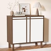 Scoctcoc Sideboard Buffet Cabinet with Storage, Small Entryway Credenza | Modern Console Cabinet with Doors &amp; Adjustable Shelf, Midcentury Wood Buffet for Kitchen Dining Living Room, Walnut &amp; White