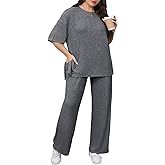 Beautife Womens Plus Size 2 Piece Lounge Sets Ribbed Short Sleeve Tops and Wide Leg Pants Set Travel Airport Outfits