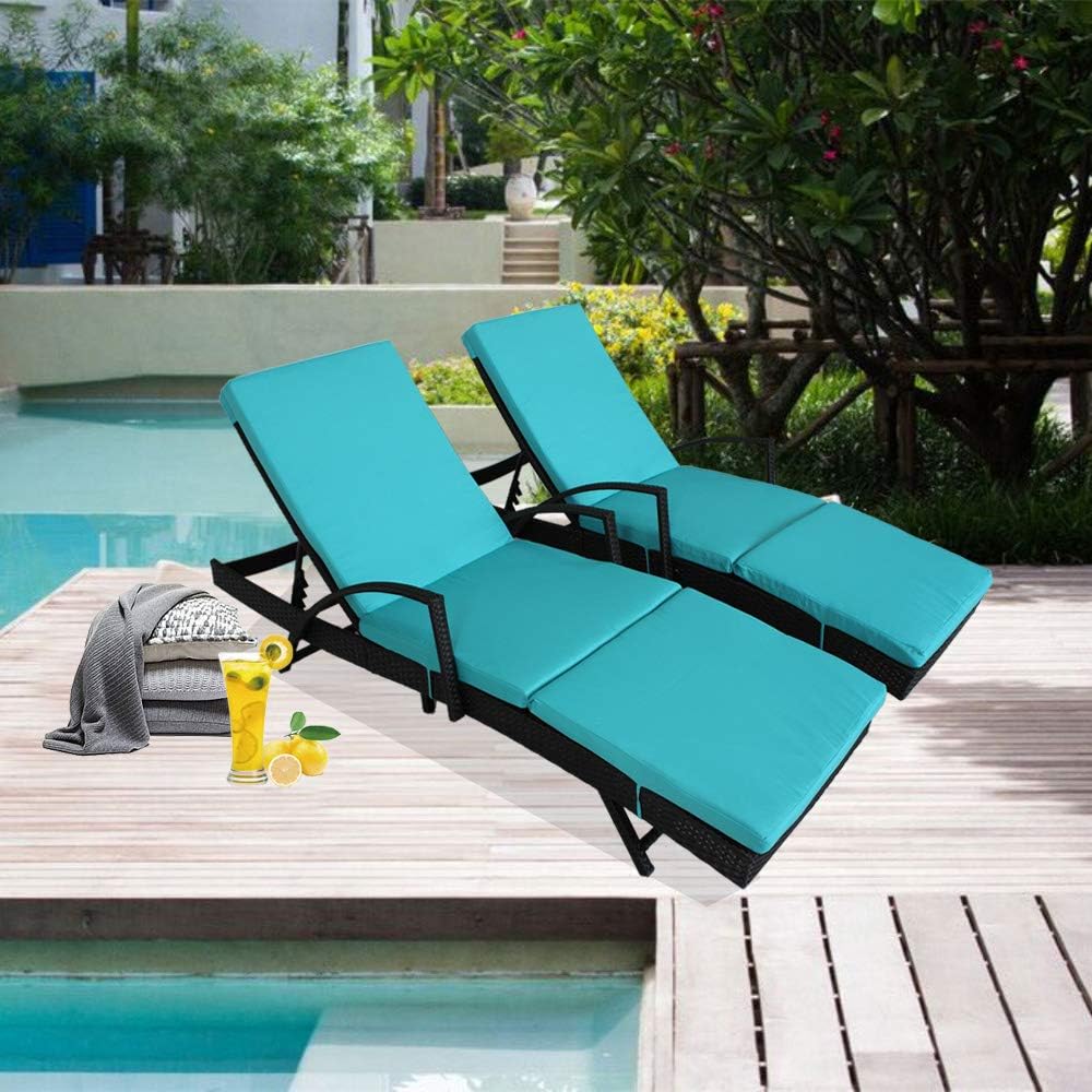 Patio Rattan Armed Lounge Chair Outdoor Wicker Garden Furniture Black Beach Swimming Pool Use Sunbed 2 Chairs and 2 Cushions and Covers (Turquoise)