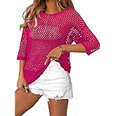 CRAZY GRID Women Casual Crochet Hollow Out Tops Spring Summer Half Sleeve Beach Swim Cover Ups Trendy Knit Outfits