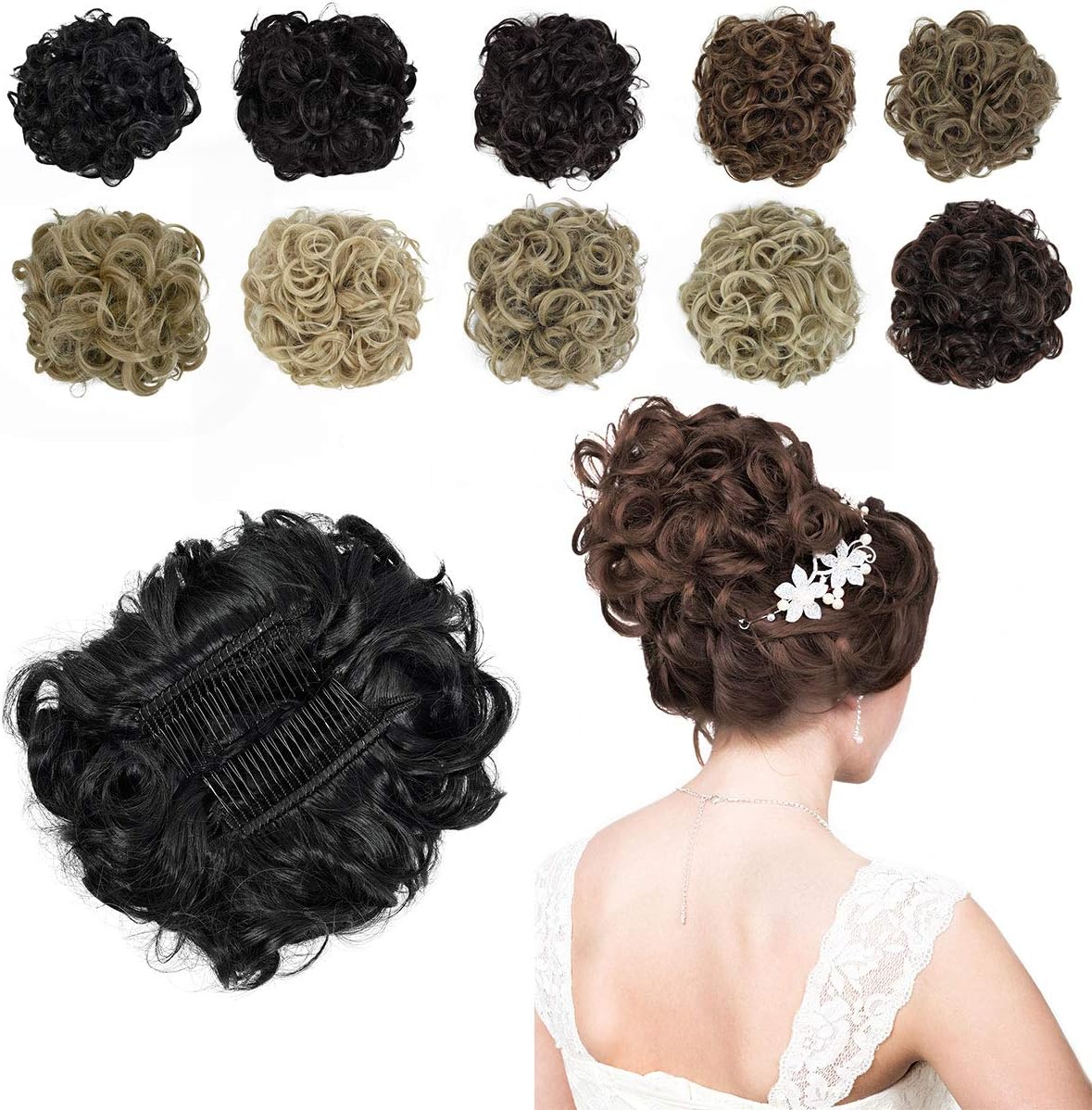 Yamel Messy Bun Scrunchie Combs Clip in Curly Stretch Updo Hair Pieces for Women Dark Black