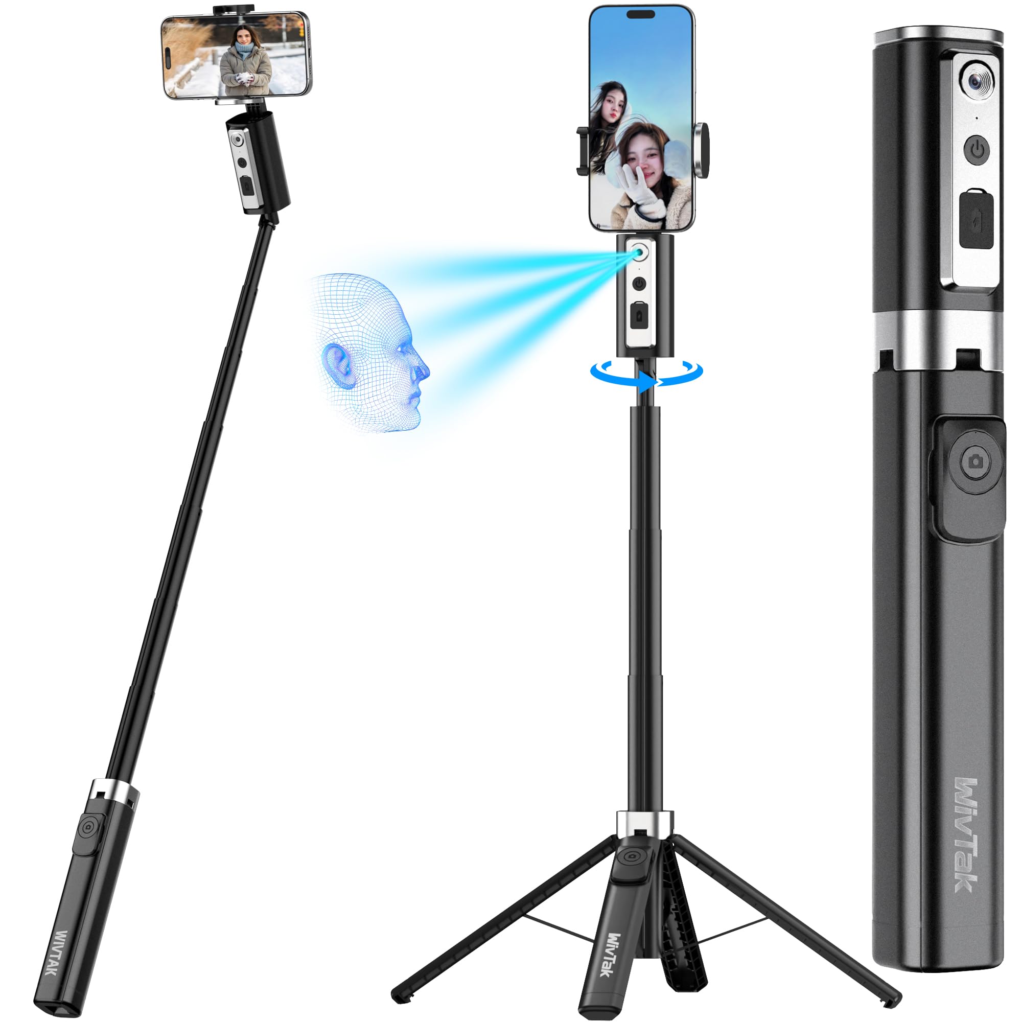 Auto Face Tracking Selfie Stick Tripod for iPhone, Minimalist 360° Rotating AI Tracking Tripod with Wireless Control, 60" Extended Phone Holder for Content Creation Vlogging, Live Streaming