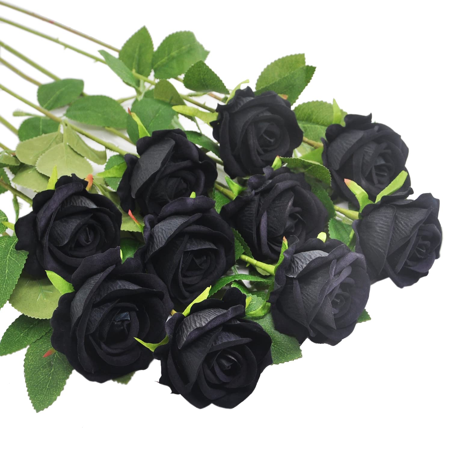 Huspox Fake Roses Artificial Flowers with Stem for Decoration Halloween Bouquet Wedding Floral Arrangement 10pcs (Black)