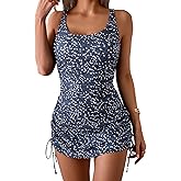 Eomenie Women's One Piece Swimdress Swimsuit with Drawstring Tummy Control Bathing Suits Push Up Swim Dresses with Bottom