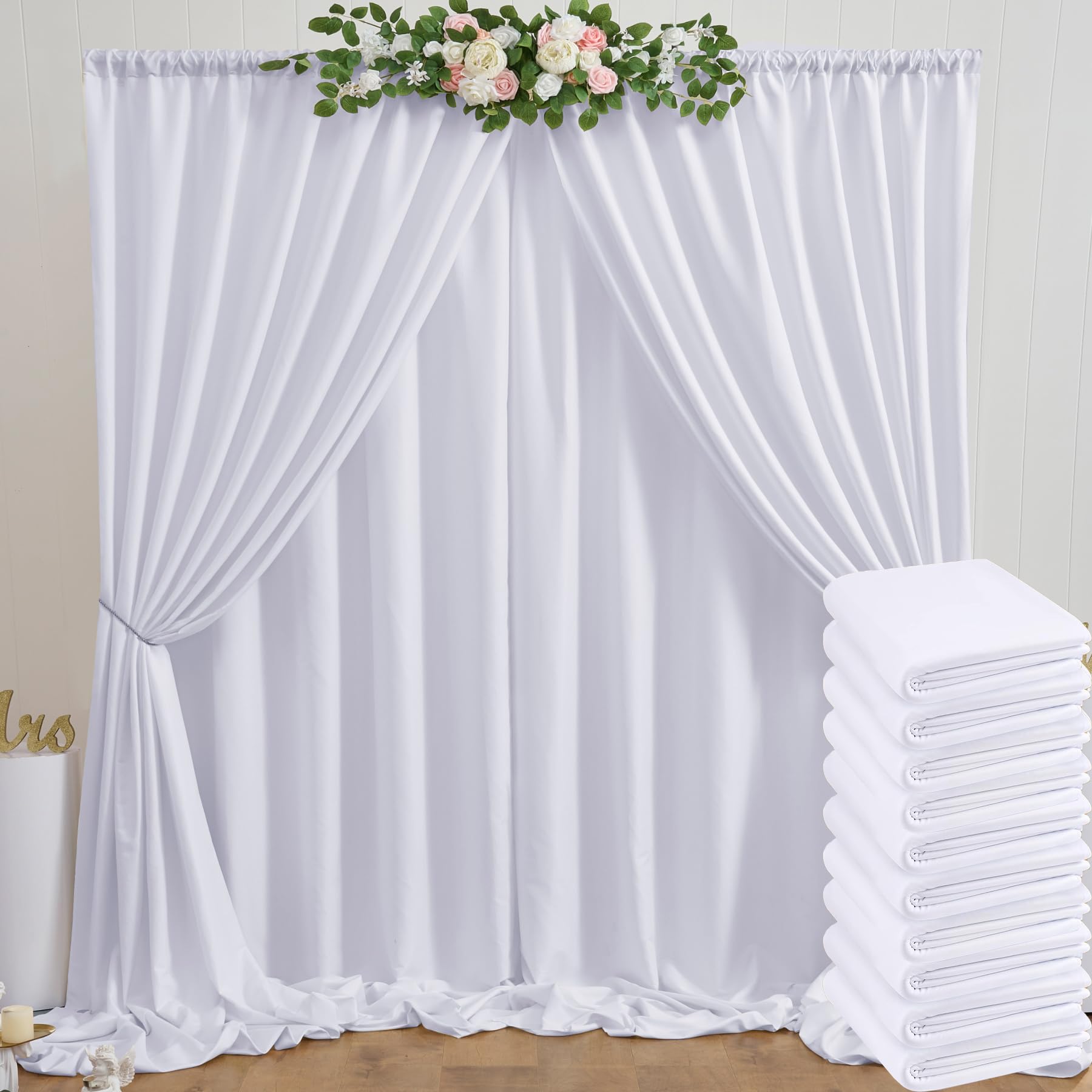 Photo 1 of 50ft x 10ft White Backdrop Curtain Panels for Parties, Thick Polyester 10 Panels Wedding Photo Backdrop Drapes Back Drop Cloth for Birthday Photography Background Party Backdrop Home Decorations