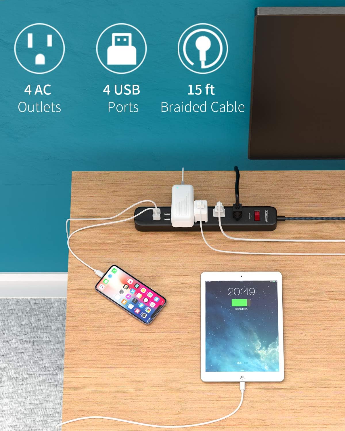 Surge Protector Power Strip with USB - NTONPOWER Flat Plug Power Strip Long Cord, 15 ft Braided Extension Cord, 4 Outlets 4 USB Desktop Charging Station, 1700 Joule, Circuit Breaker, for Home, Office: Home Audio & Theater
