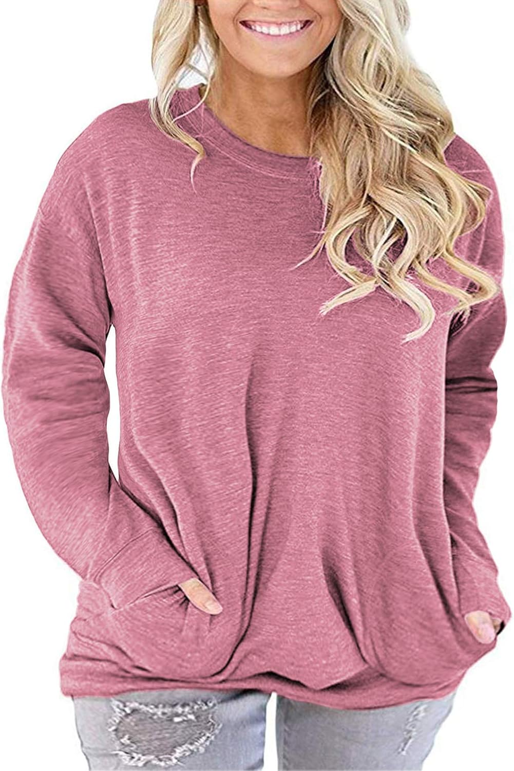 ROSRISS Womens Plus Size Long Sleeve Tee Tops Casual Tunics Shirts with Pockets