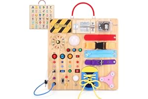 Iabedi Busy Board,Montessori Toys for 1-3 Years Old, Wooden Toddler Toys, Autism Sensory Travel Toys, Ideal Gift for 1+ Year Old Boys (Busy Board Plus v3)