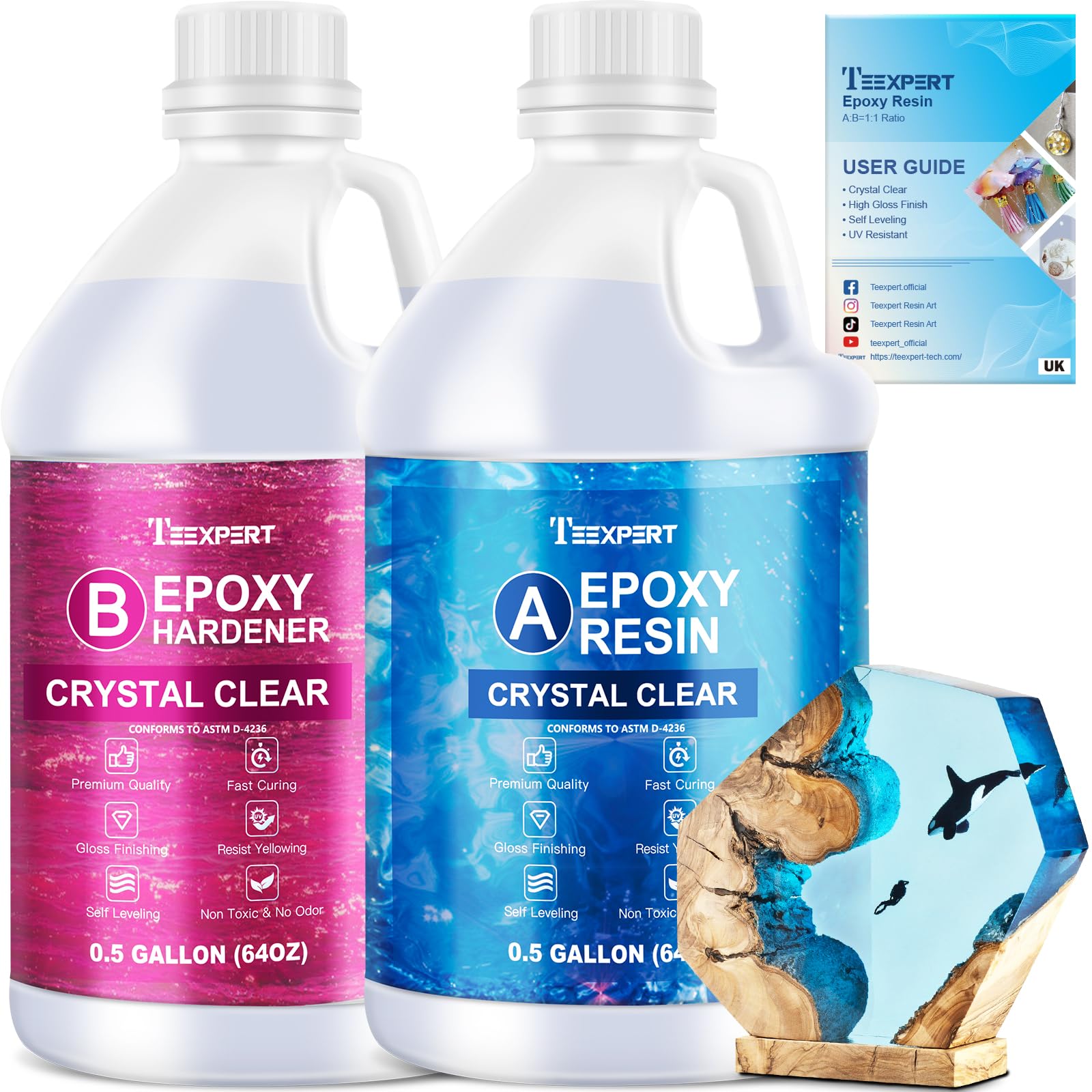 Teexpert Epoxy Resin Crystal Clear Kit 3.8L/1 Gallon High-Gloss Coating and Casting Resin, Self-Leveling Bubbles Free Resin and Hardener Kit for DIY Art, Jewelry, Table Top, Molds, Wood 1:1 Ratio