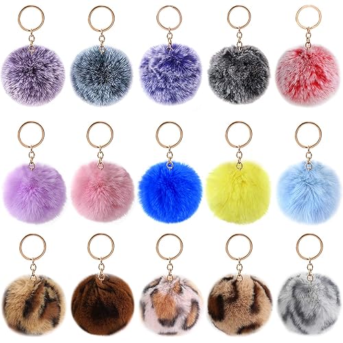 15PCS Faux Fur Ball Pom Poms Keychains Faux Rabbit Fur Pompoms Keyring Fluffy Pompoms Keychain for Keychain Craft Bags Accessories