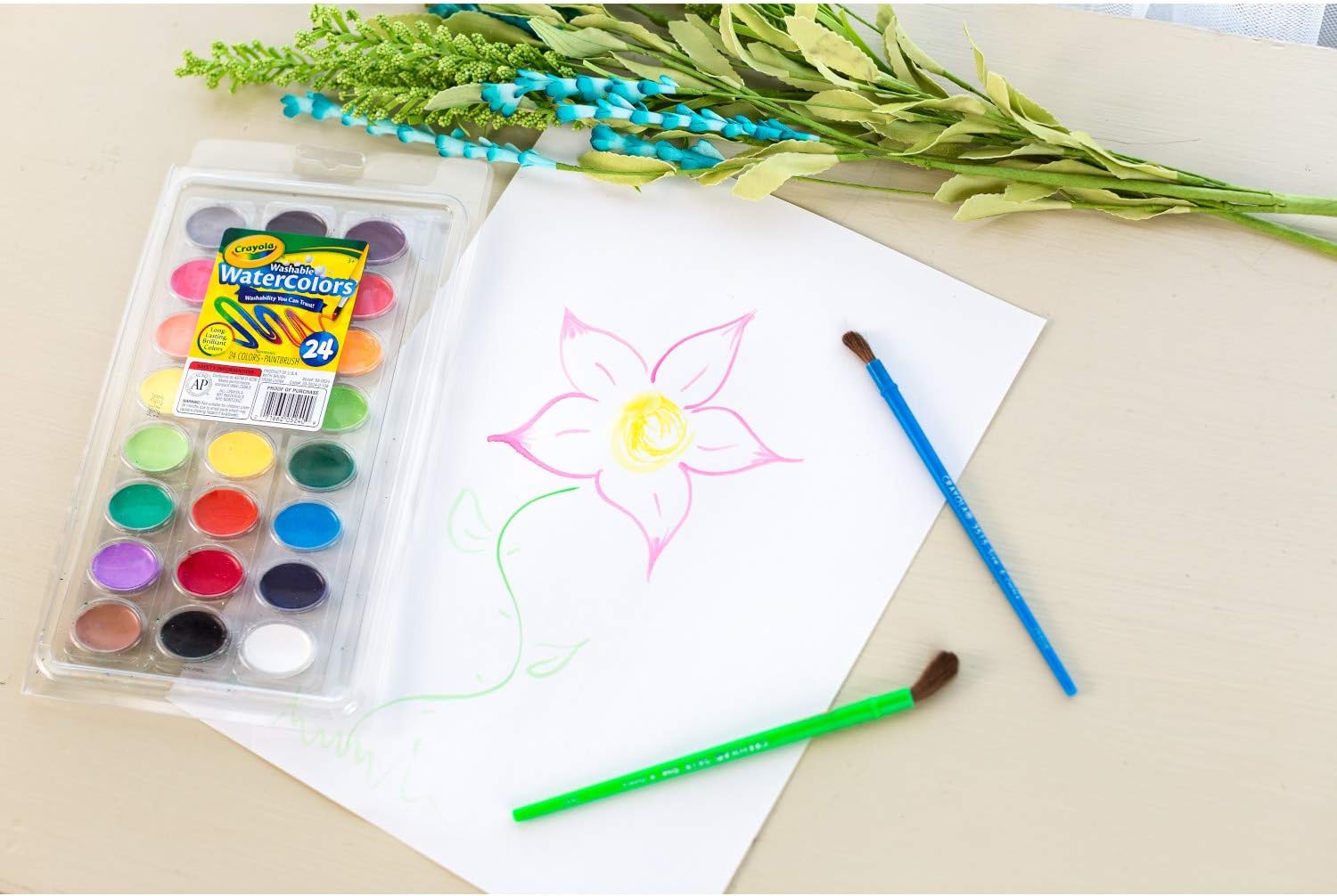 Crayola 24 Ct Washable Watercolors Easy to Clean Up, 24 Bright Washable Watercolor Paints, 1 Paintbrush, Ages 3+: Toys & Games