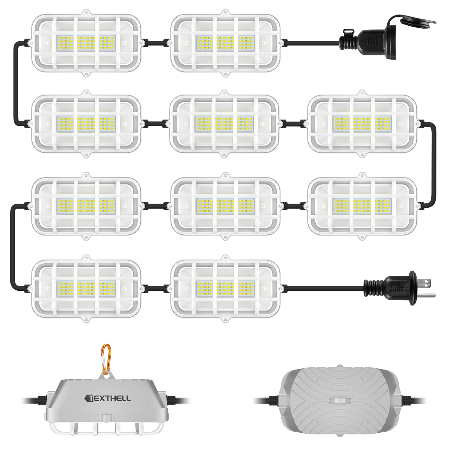 Photo 1 of 100ft LED Construction String Lights 300W Super Bright 30000LM Work Lights String Connectable Design for Workplace, Warehouse, Garage, RV, Indoor and Outdoor Weatherproof Temporary Lighting