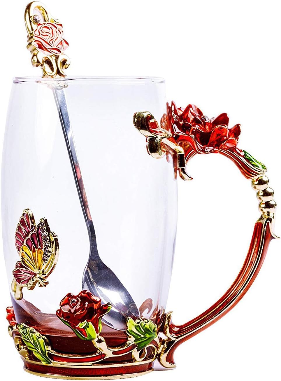Floral Glass Coffee Mug Tea Cup with Spoon Birthday Valentines Mothers Day Gift (RED ROSE HIGH)