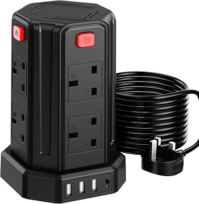 Sameriver 12-in-1 Tower Extension Lead 5M 8 Outlets 4 USB USB-C 17W Surge