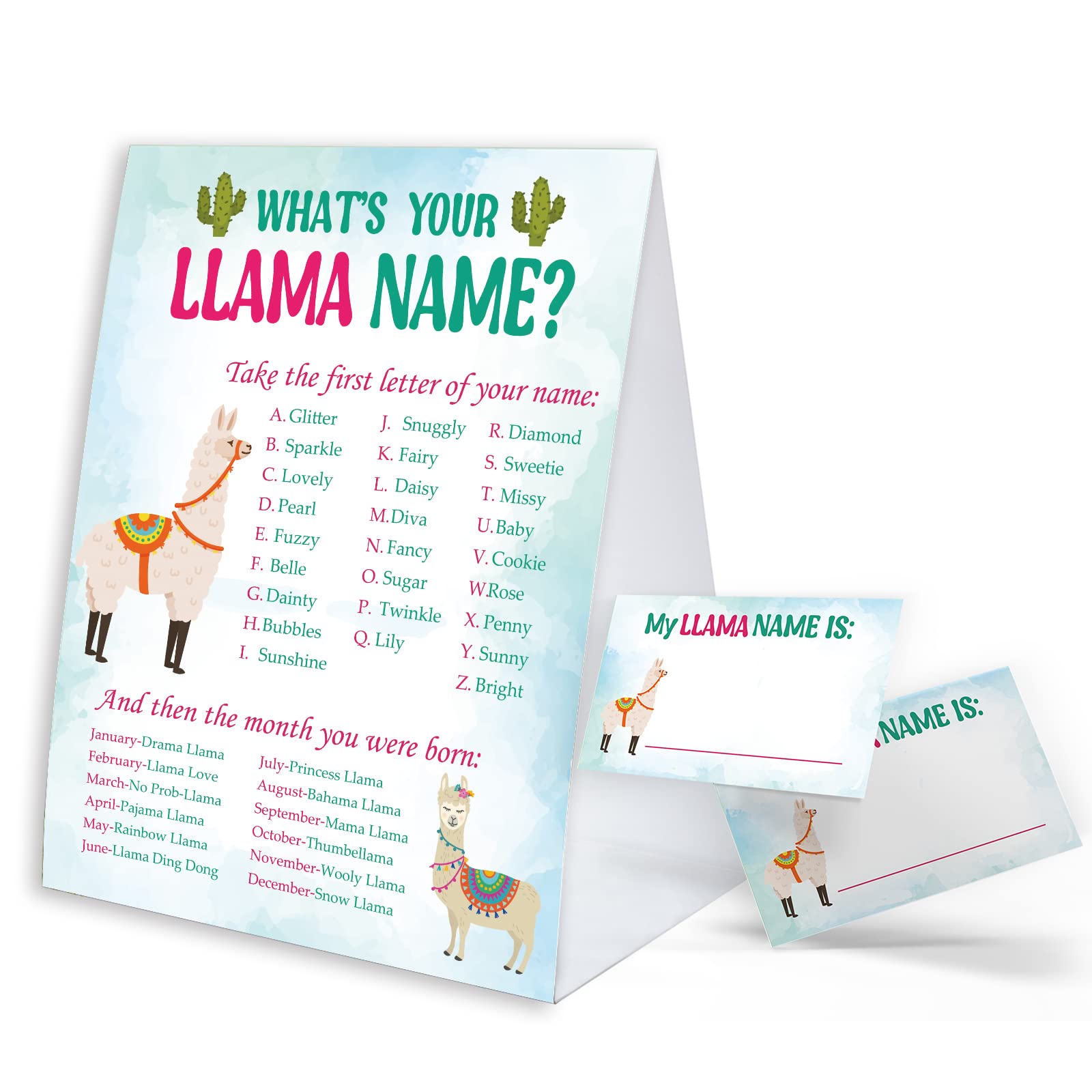 Photo 1 of What's Your Llama Name Game Sign with Name Tag Stickers for Baby Shower, Baby Shower Decorations, Birthday Party Game, Baby Shower Games Fun for Adults & Kids Family Class Office Activity PTWYN01