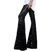 EVALESS Women Sequin Pants Sparkly Glitter High Waisted Wide Leg Flare Trousers Bell Bottom Night Out Clubwear