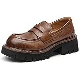 BEAU TODAY Platform Loafers for Women, Women’s Chunky Leather Loafers, Slip-on Lug Sole Penny Loafers Comfortable Business Casual Office Non Slip Round Toe Ladies Dress Shoes Brown US 8.5