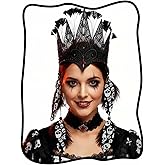 Urieo Gothic Lace Crown Headpiece with Skull Print Feathers, Black and Red Crystal Headband, Halloween Costume Accessory