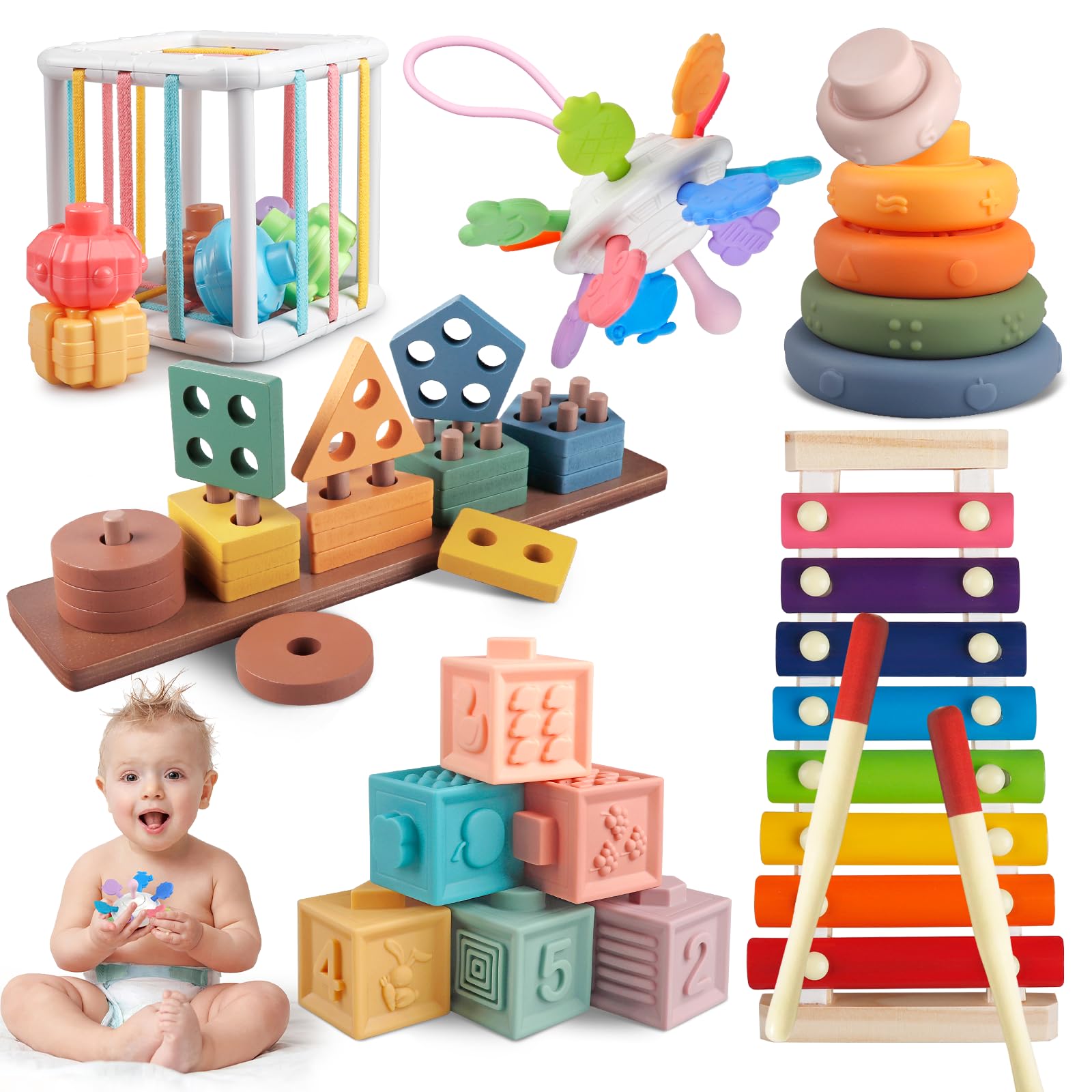 Aliex 6 in 1 Montessori Toys for Babies 6 to 12 Months, Baby Toys Stacking Rings Blocks Wooden Shape Sorter Activity Cube Xylophone Gifts for Baby Boys Girls 6 9 12 Months 1 2 3 Year Old