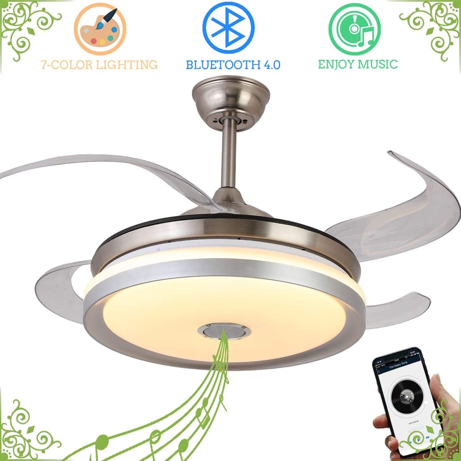 Retractable Ceiling Fan With Light And Bluetooth Speaker