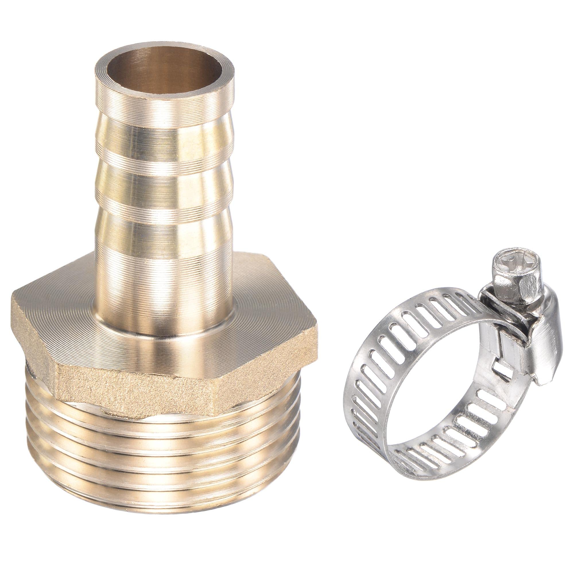 sourcing map Brass Hose Barb Fitting Straight 16mm x G1 Male Thread Pipe Connector with Stainless Steel Hose Clamp, Pack of 1