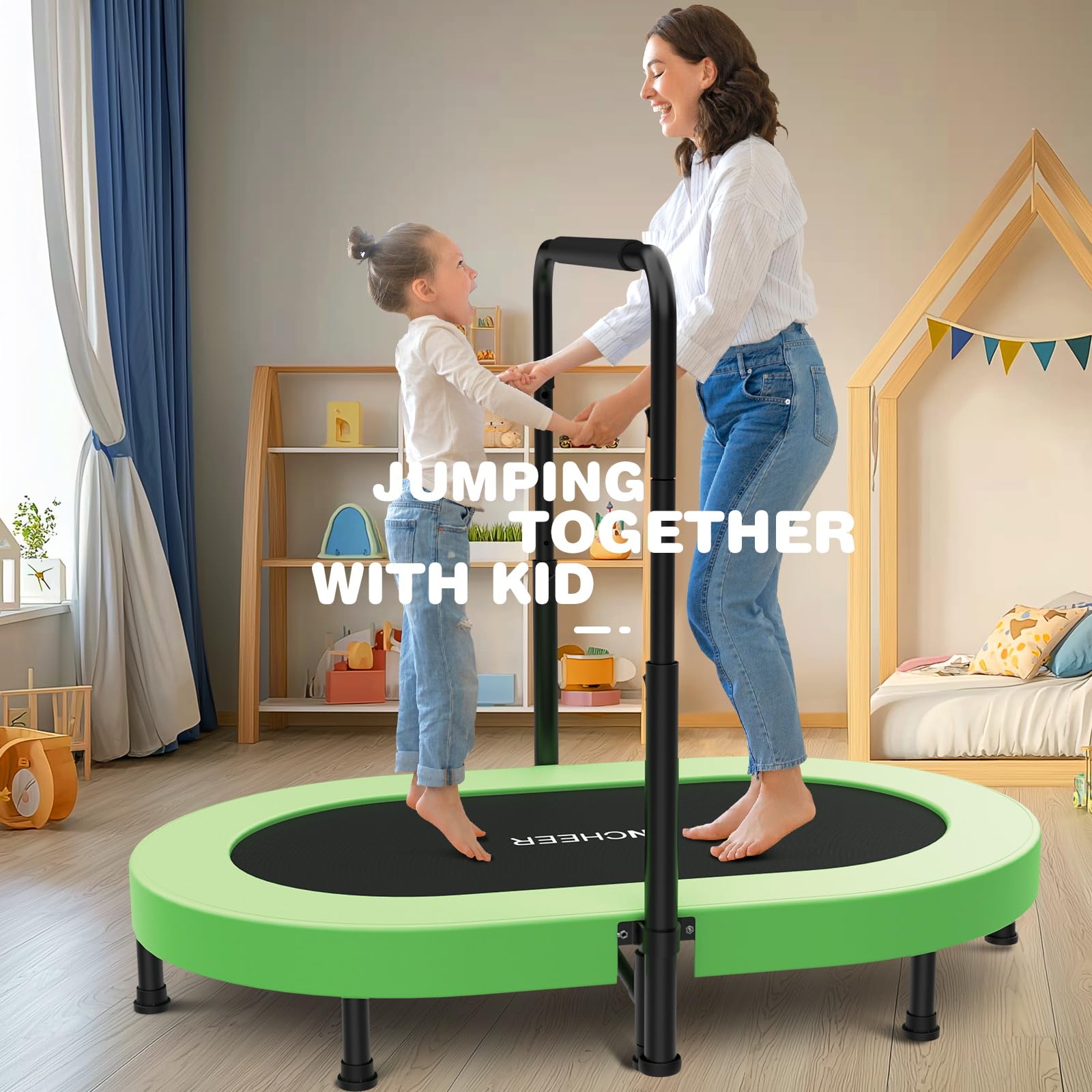 ANCHEER Trampoline, Double Mini Trampoline with Adjustable Handle - Indoor/Outdoor Rebounder for Kids & Toddlers, 56'' Safe Oval Fitness Trampoline with Bar for Home Fun