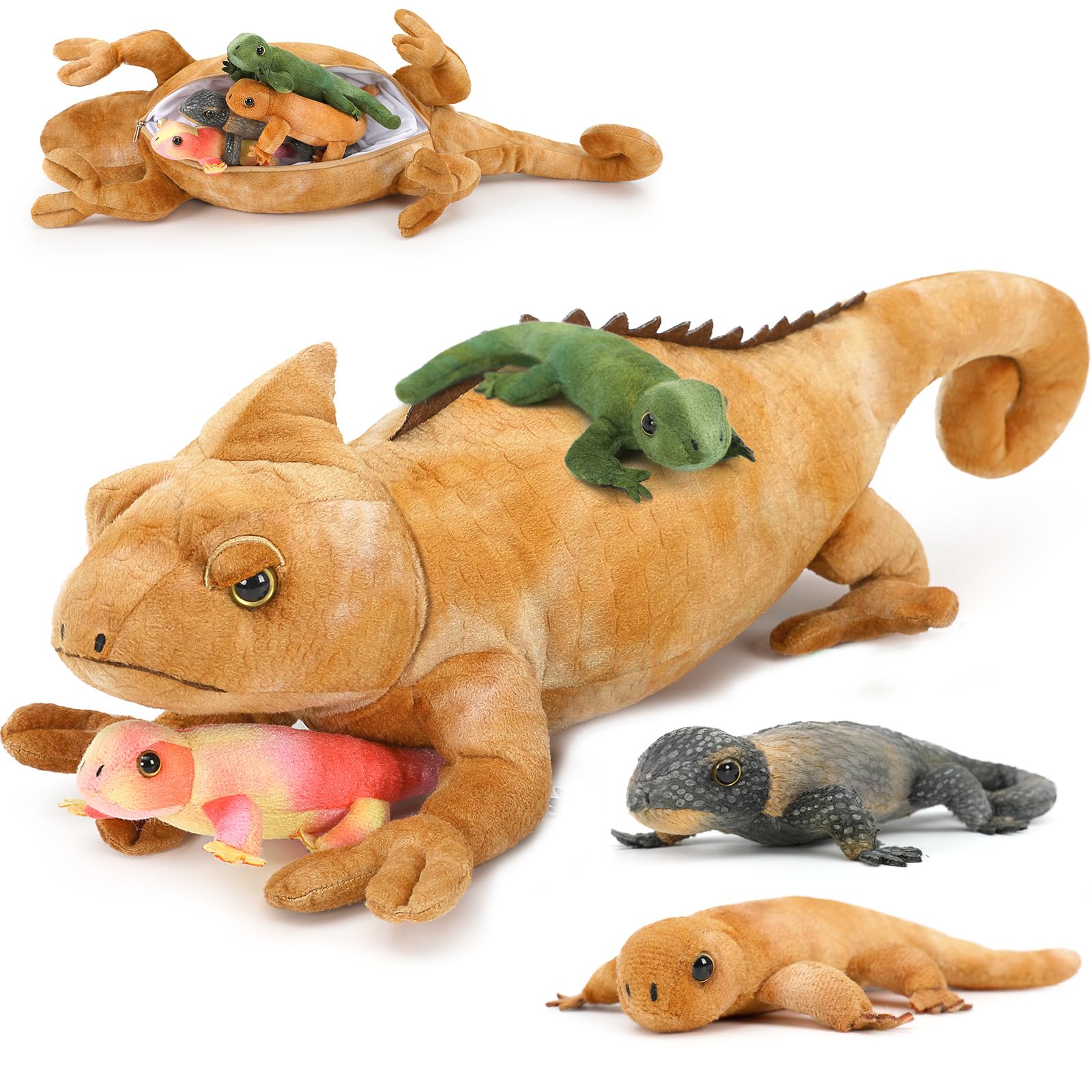 Karister 5Pcs Giant Lizard Plush, 27" Mother Iguana Stuffed Animal with 4 Baby Lizard Plushies, Bearded Dragon Plush Toy for Kids Reptile Lovers, Yellow Stuffed Chameleon for Christmas Birthday Gift Image