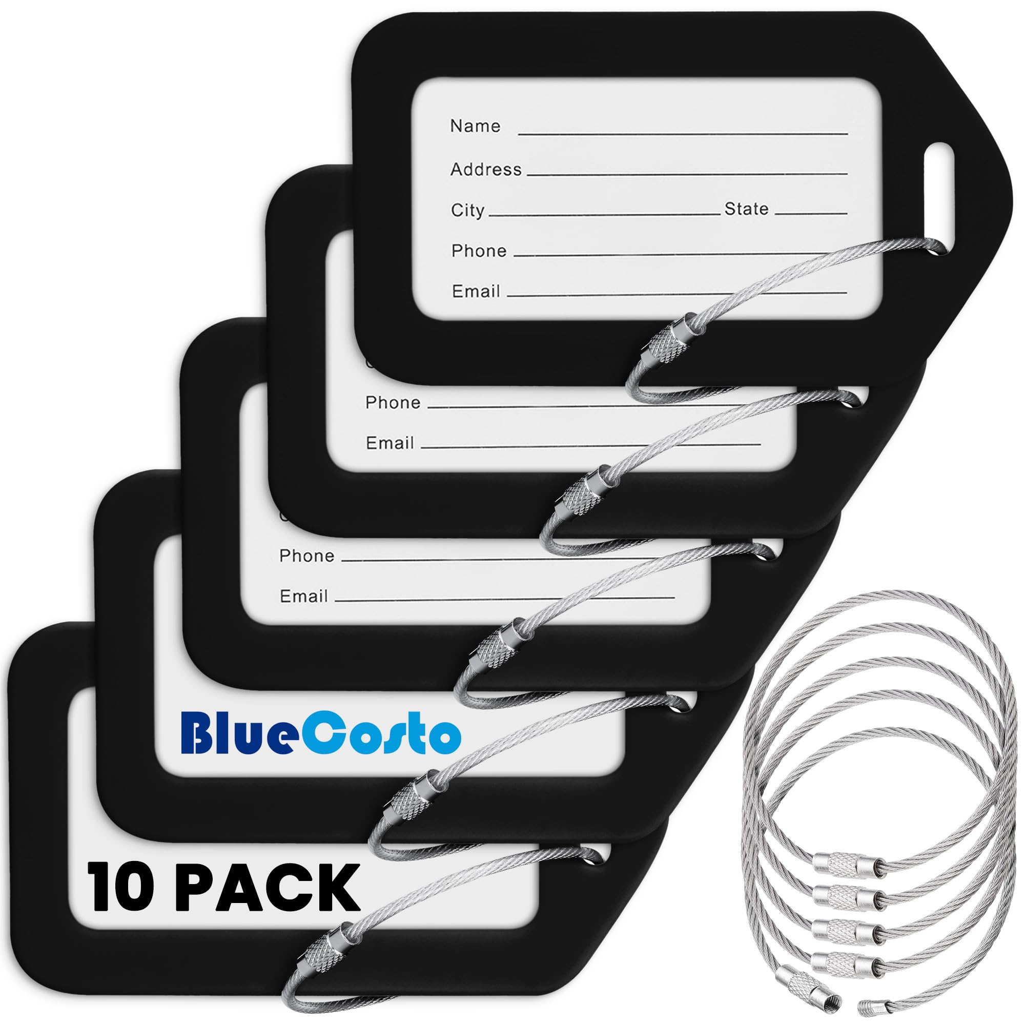 BlueCosto Luggage Tags (Small, Black, 10 PK) - Suitcase Tags w/Name ID Card & Heavy-Duty Metal Wire Loops - Bright Coloured PVC Tags for Travel Baggage - Backpack Name Labels