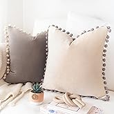 MONDAY MOOSE Decorative Throw Pillow Covers Cushion Cases, Set of 2 Soft Velvet Pom Poms Double-Sided Designs, Pillow Inserts Not Included (16x16 inch, Stone Gray/Beige Cream)