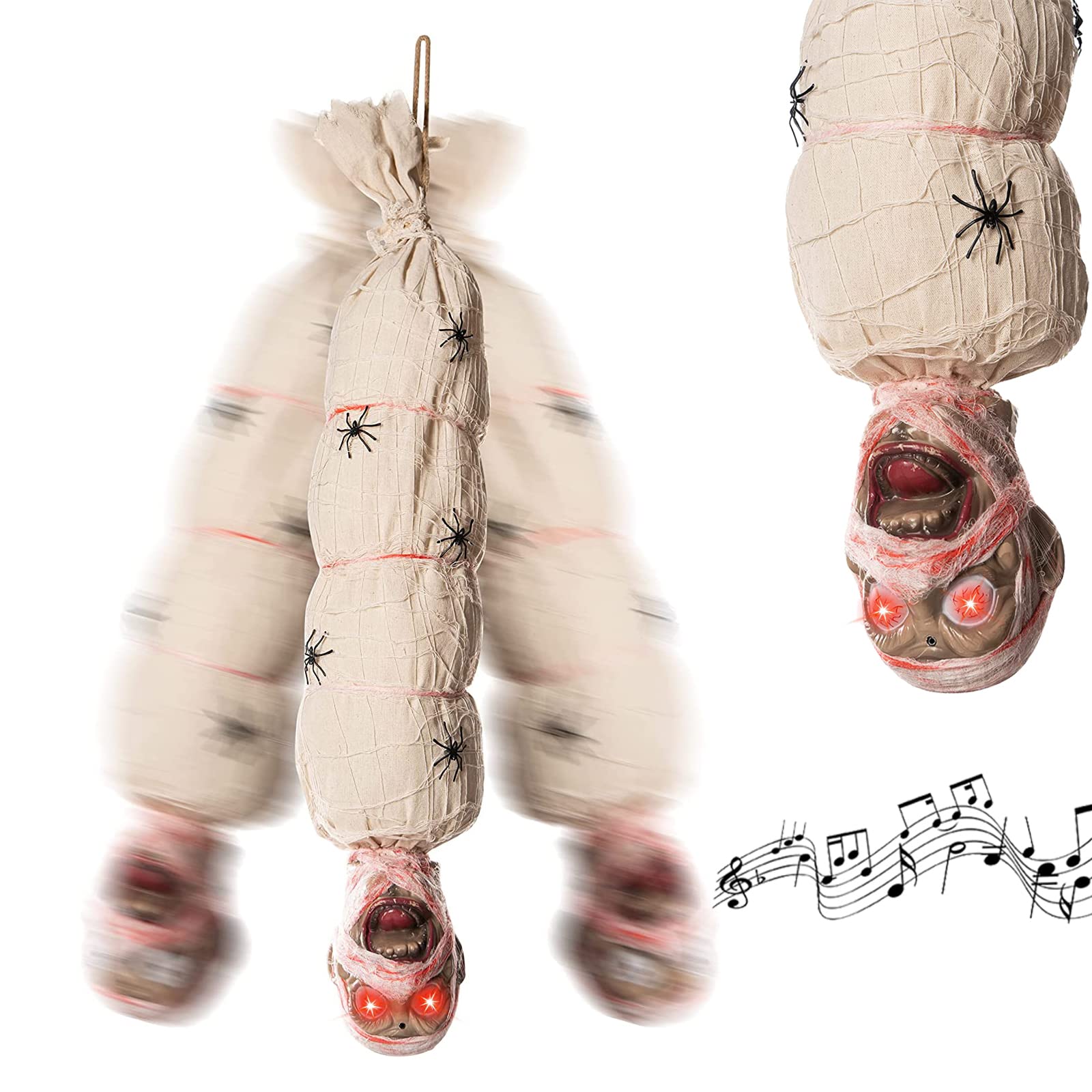Photo 1 of Halloween Large Shaking Corpse Motion Animated Hanging Cocoon Corpse Decoration 39in, Activated Decor, Jump Scare Creepy Mummy Red Glowing Eyes & Activated Voice, Spider Adorned Indoor Outdoor Spooky