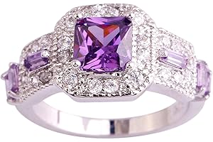 Emsione 925 Sterling Silver Plated Created Amethyst Halo Brilliant Women Girl Statement Ring