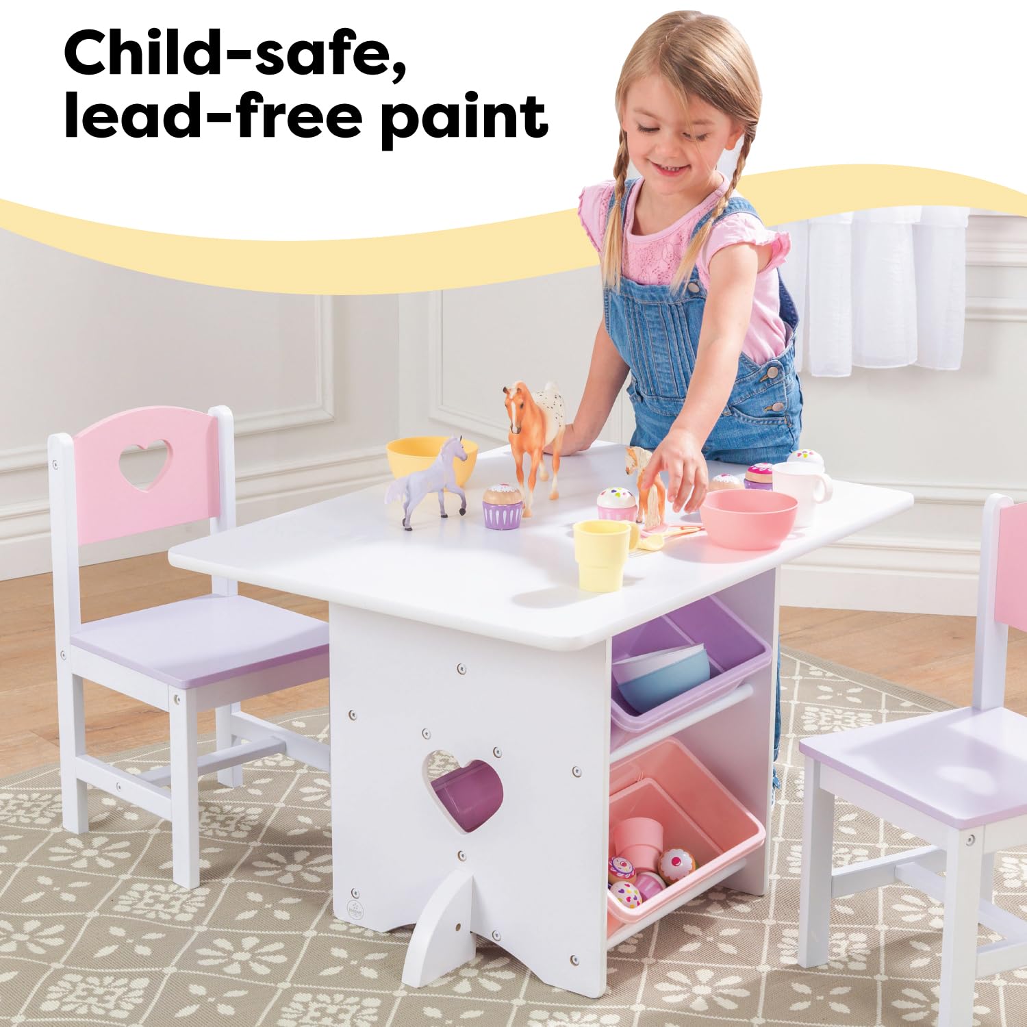 KidKraft Wooden Heart Table & Chair Set with 4 Storage Bins, Children's Furniture – Pink, Purple & White, Gift for Ages 3-8