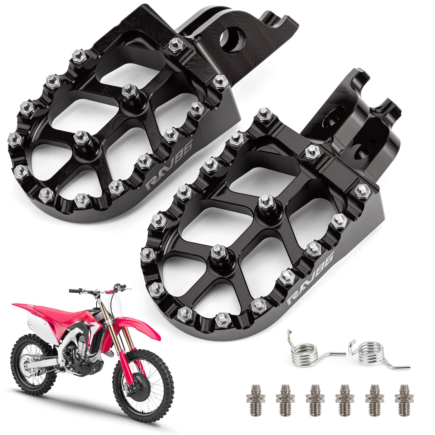 Photo 1 of RKV86 Dirt Bike Foot Pegs with Springs, Aluminum CNC, Pedals Rests for CR125/250 02-07, CRF150R 07-19, CRF250R 04-19, CRF250X 04-19, CRF450R 02-19, CRF450RX 17-19, CRF450X 05-19 (Black)