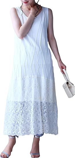 Amazon フレンチパヴェ 裾で揺らめくレースベールのニットミディアムワンピース ノースリーブ 花刺繍 フラワー レディース サマーニット 夏素材 重ね着 薄手 伸縮性 ストン ワンピース チュニック 通販