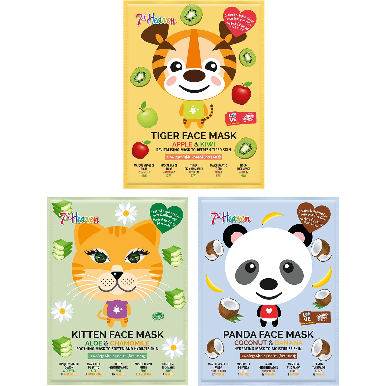 7th Heaven Animal Face Mask Multipack – Fun Skincare for Kids & Teens – Includes 3 Animal-Print Masks – Hydrating & Gentle for Sensitive Skin – Perfect for Sleepovers & Party Bags – Cruelty-Free