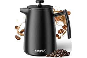 Secura 50oz French Press Coffee Maker – 304 Stainless Steel, Insulated Coffee Press with Extra Filter, Black