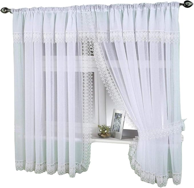 White Sheer Crushed Voile Window Curtain Set 100" x 42" (254cm x 107cm