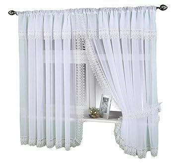 White Macrame Lace Sheer Crushed Voile Window Set100 X 54 254cm