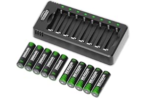 BEVIGOR Rechargeable AA Batteries with Charger, 10 Pack 2800mAh High Capacity Ni-MH Double A Batteries with Smart 8 Bay Smart Battery Charger, USB Fast Charging