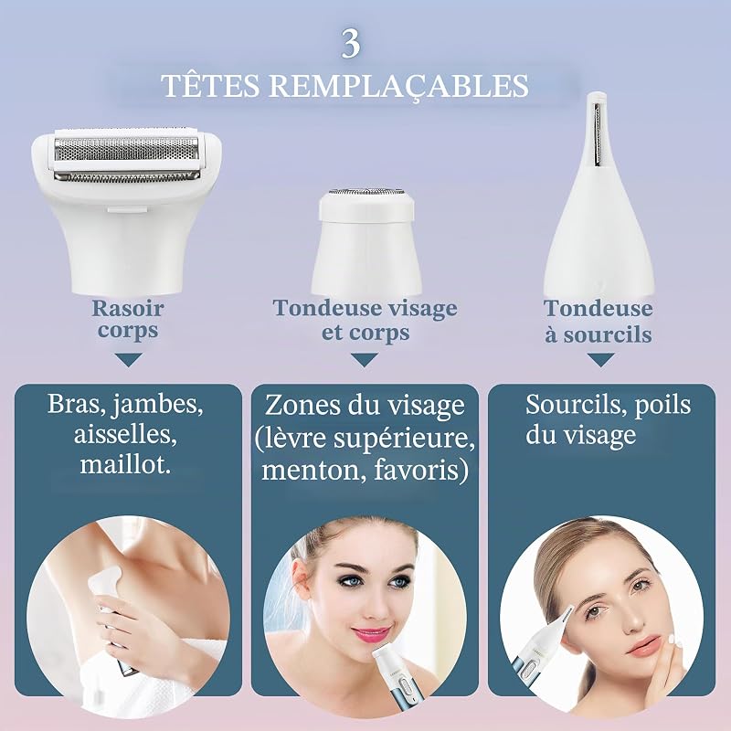 Rasoir électrique 3 en 1 pour femme sans douleur – Portable rechargeable pour le visage, les bras, les jambes, les aisselles et le bikini QR-8082