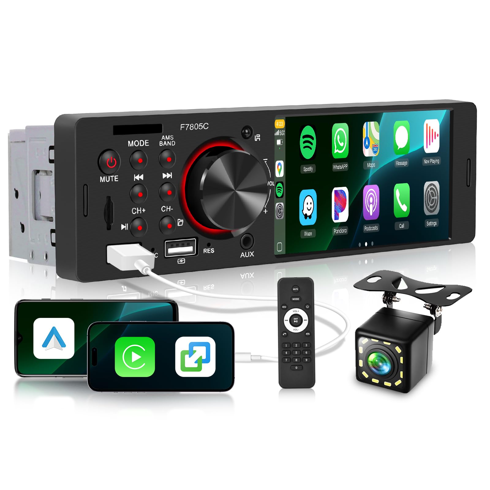 Photo 1 of Car Stereo Single Din with Apple CarPlay, Android Auto, Sellrich 4-Inch IPS Touch Screen, Bluetooth 5.1, FM/RDS Radio,Head Unit with Mirror Link EQ USB/TF Card/Aux Ports Backup Camera