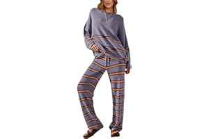 AGSEEM 2 Piece Outfits for Women 2024 Winter Fashion Oversized Striped Sets Cozy Loungewear Knit Clothes