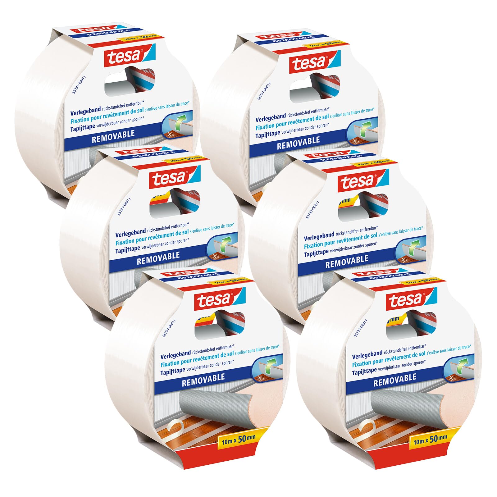 tesa Installation Tape Removable Without Residue in Pack of 6 - Fabric Reinforced Double-Sided Tape for Bonding Carpet and PVC Flooring - 6 Rolls Each 10 m x 50 mm
