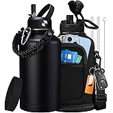 64 oz Insulated Water Bottle with Straw & Auto Spout Lids, Paracord Handle, Half Gallon Waterbottle Strap Carrier & Protective Boot, Wide Mouth Metal Canteen Thermo Mug, Leak-proof Sports Black Jug