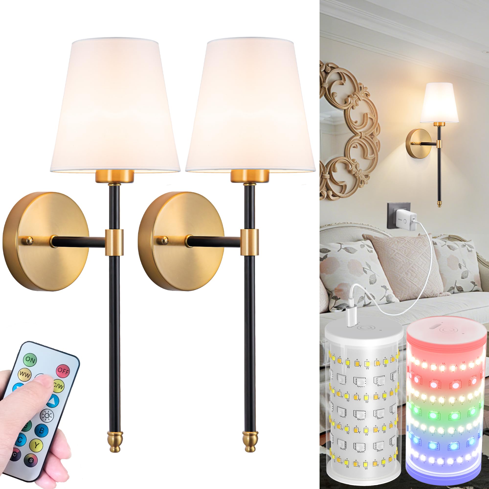 Nekhung Battery Operated Wall Sconces Set of 2, Wireless Wall Light with 10000mAh RGB Dimmable Magnetic Bulb, Rechargeable Wall Sconce with Remote Control for Bedroom Living Room Image